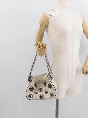 PRADA Grommet Punching Chain Hand Bag Leather Ivory Silver Auth 165205